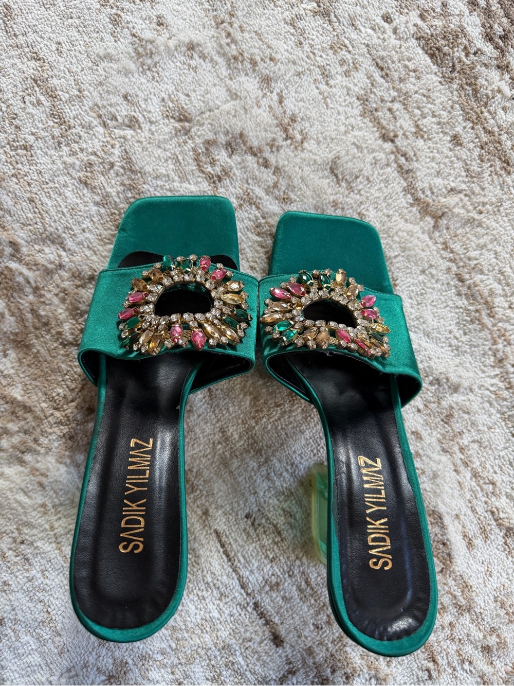 Emerald Green Jeweled Slide Sandals